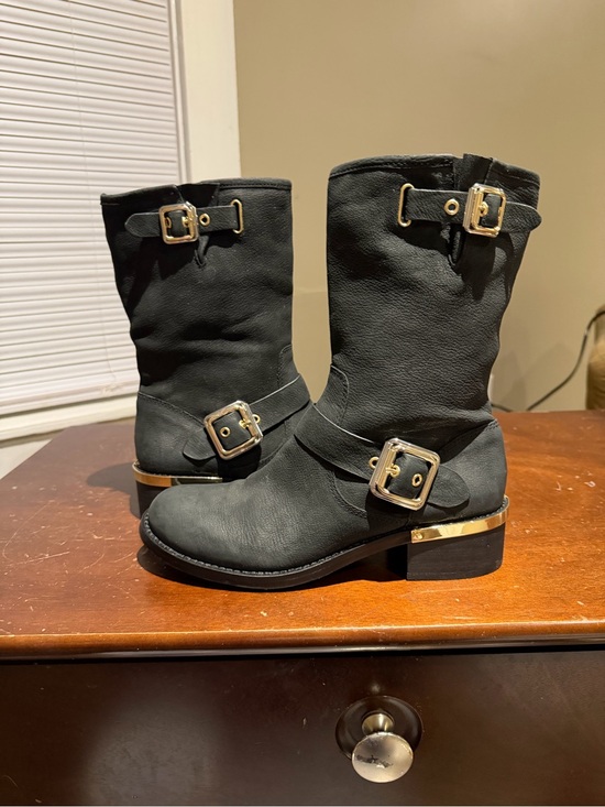 Vince Camuto Shoes - Vince Camuto “Windy” 7.5 Black Mid-Calf Buckle Moto/Riding Boots Gold Hardware
